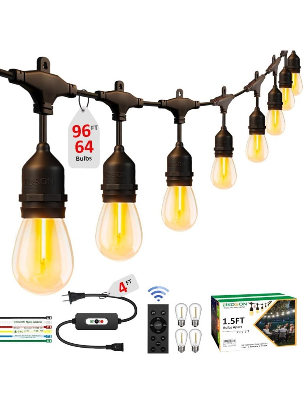 100FT Waterproof Outdoor String Lights with Remote, Dimmer & 60+ Bulbs - Perfect